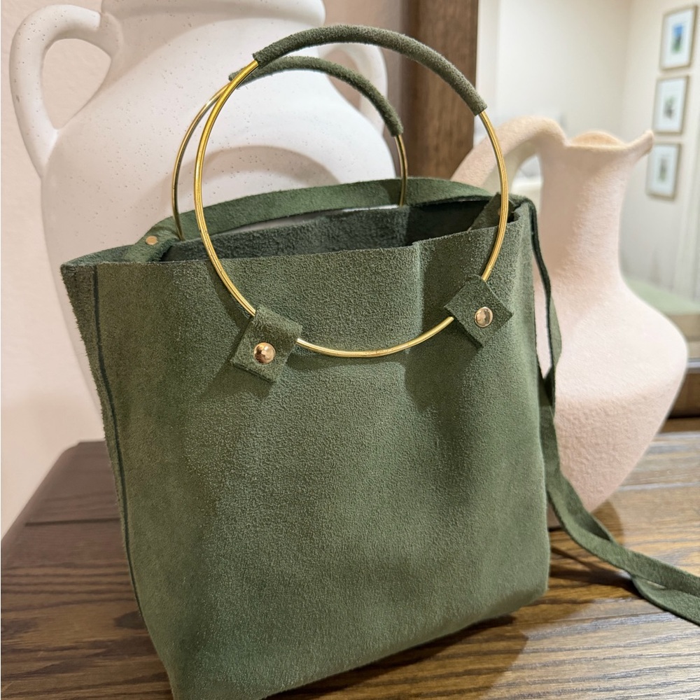 Tribe Alive Green Suede bag with gold handles